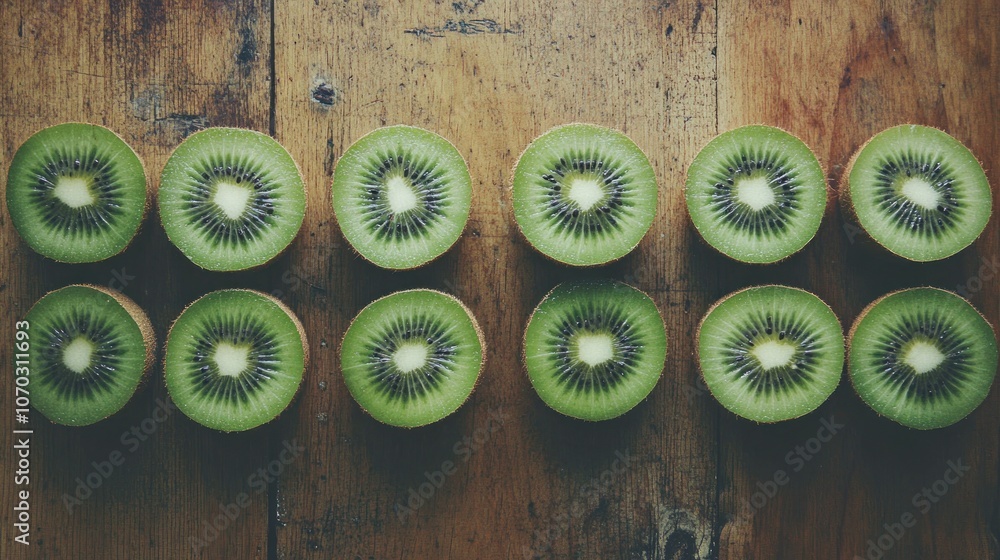 Poster a flat lay of ten kiwi fruit slices arranged in two rows of five on a rustic wooden background.