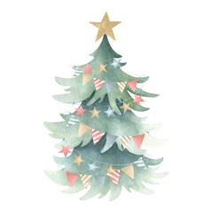 Christmas tree with festive golden star decoration on top and garlands with triangle and star-shaped flags. Hand drawn watercolor isolated illustration for Happy New Year greeting cards and designs.