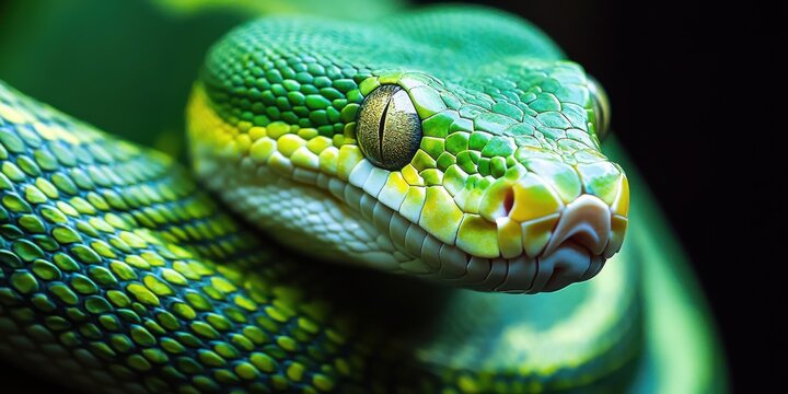 Colorful green tree python resting on a branch in a lush environment, showcasing its vibrant scales and intricate patterns during daylight