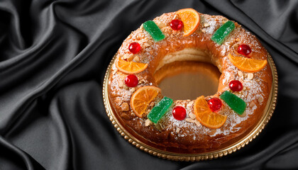 Background of a Roscón de Reyes with candied fruits on finely draped black silk fabric, and copy space for text. A typical Spanish dessert for Three Kings Day or Epiphany