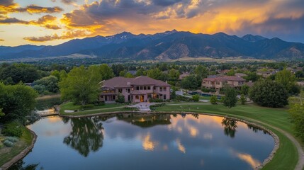 Fototapeta premium Luxury home with a lake and mountain views at sunset.