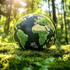 A lush, green globe rests on moss, symbolizing environmental sustainability and the importance of nature in our world.