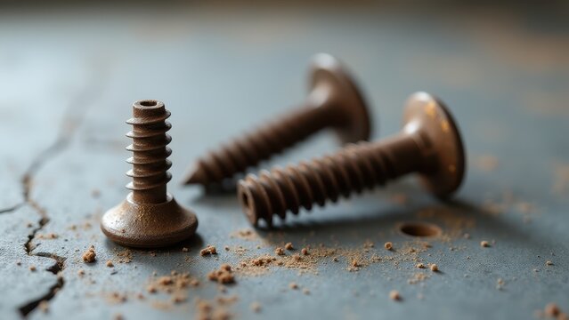 Screws and bolts for furniture repair. A rusted screw lies on a textured surface, surrounded by scattered rust particles, capturing the essence of decay and time.