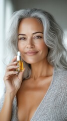 Fototapeta premium Woman with gray hair holds a bottle of facial oil in a bright room while showcasing her skincare routine and natural beauty