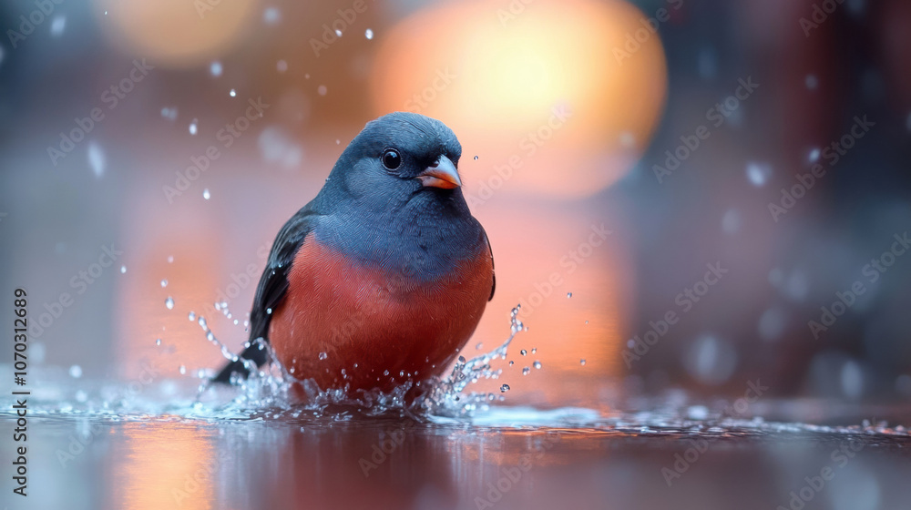 Poster a small bird splashes joyfully in a shimmering puddle at dusk, ai