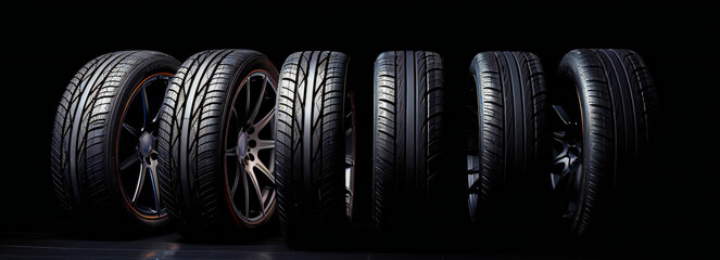 Car tires on dark background, selling tires, tire store banner	
