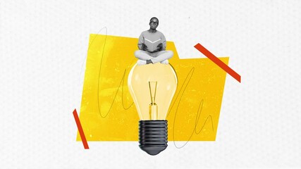 Motion collage video of serious american girl hold book education light bulb enlightenment knowledge 