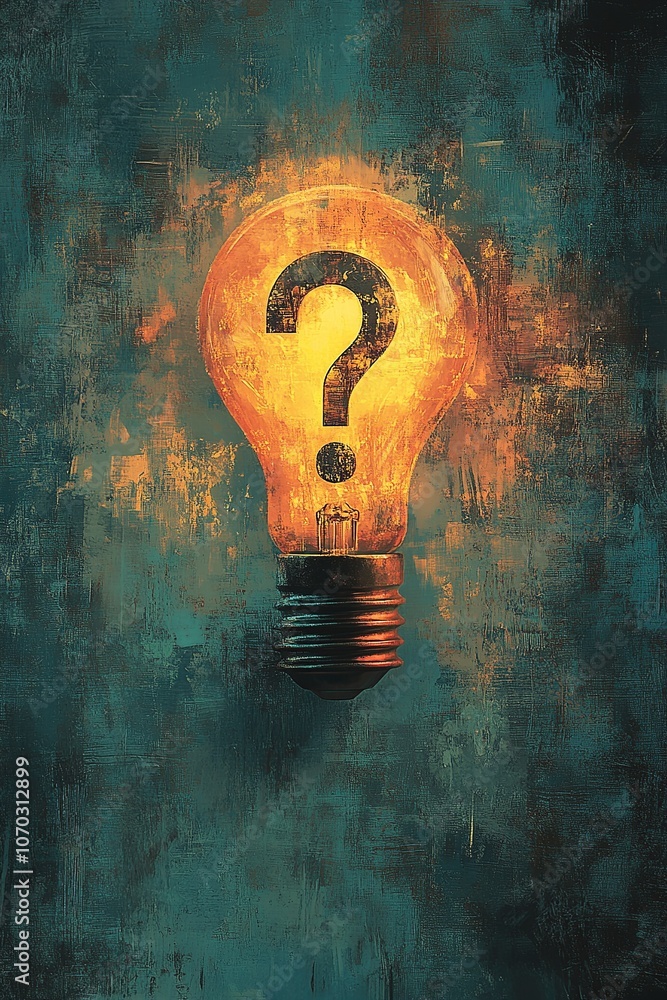 Poster a minimalist drawing featuring a question mark integrated into the bulb's filament, with subtle hatc