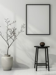 Modern minimalist interior design featuring a black framed artwork, a stool, and a decorative vase with branches in a bright, serene atmosphere