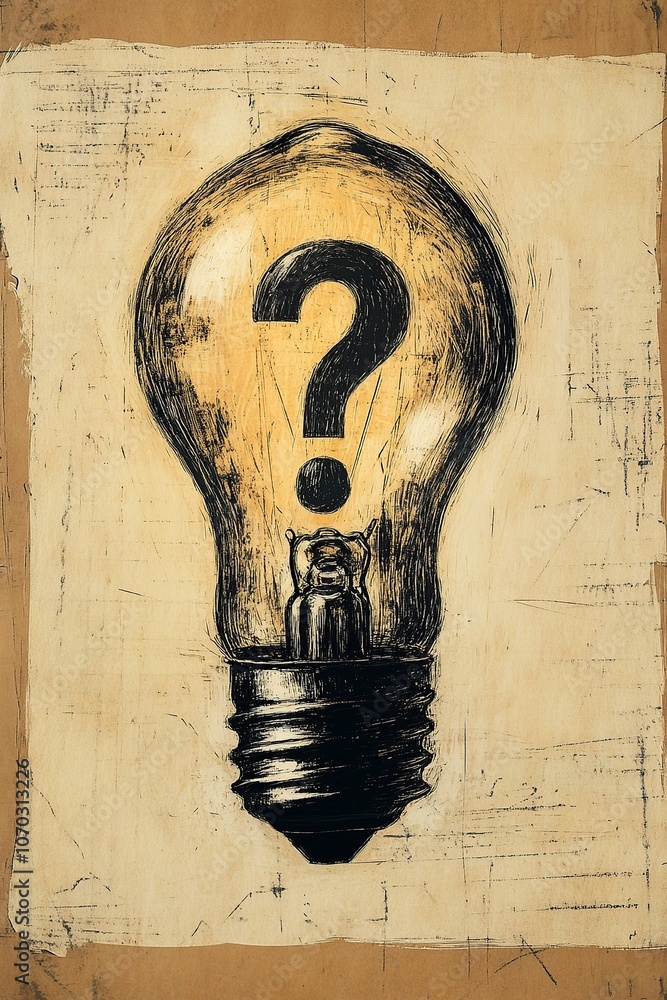 Poster a minimalist drawing featuring a question mark integrated into the bulb's filament, with subtle hatc
