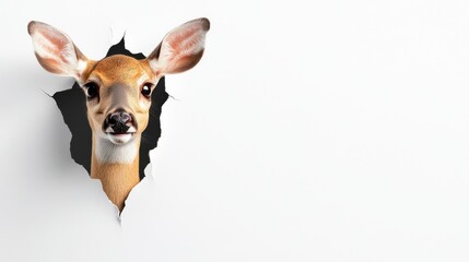 Deer head emerges through a wall, creating a playful and surprising visual effect in a bright, minimalistic interior setting