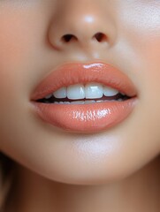 Fototapeta premium Close-up of soft, glossy lips showcasing a natural peach tone with a smooth finish and well-groomed appearance, highlighting beauty and skincare in a serene environment