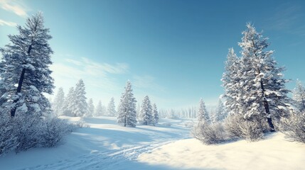 Obraz premium A snowy landscape with trees and a clear blue sky