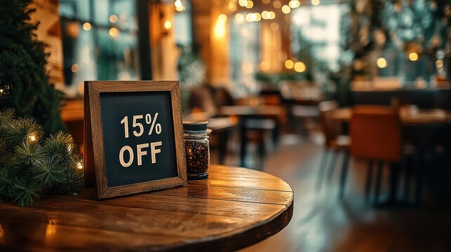 Promotion for special discount displayed in a cozy restaurant setting illuminated by warm lights during evening hours