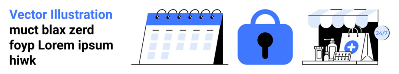 Calendar, padlock, and shopping cart with bags representing organization, security, and e-commerce. Ideal for business planning, online security, digital transactions, e-commerce, data protection