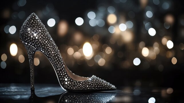 Elegant high-heeled shoe adorned with glittering crystals showcased against a blurred sparkling background in an upscale setting