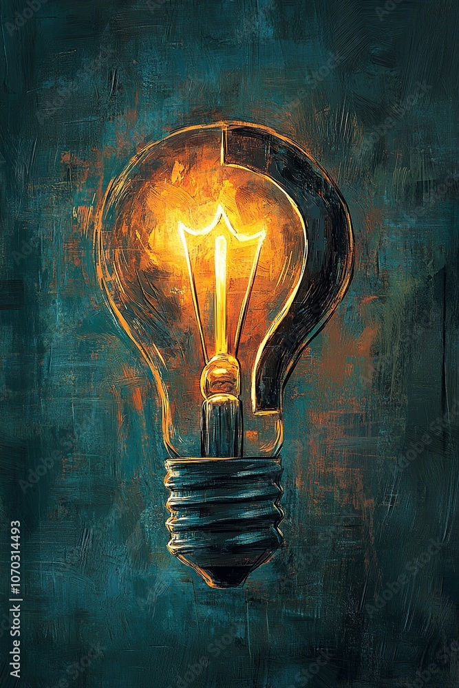 Poster a minimalist drawing featuring a question mark integrated into the bulb's filament, with subtle hatc