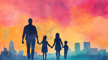 Fototapeta premium Family Silhouette Watercolor Sunset Cityscape
