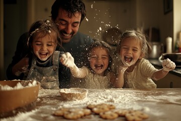 Father and daughters joyfully baking cookies at home, surrounded by flour and laughter during a cozy afternoon. Generative AI