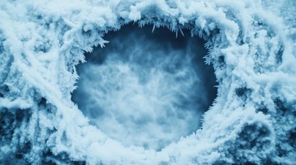 Frozen ice hole with intricate frost patterns creates a mesmerizing winter scene, AI
