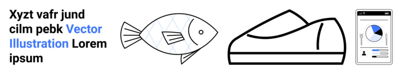 Fish with geometric patterns, outlined shoe, mobile app interface. Ideal for technology, design, app development, nature, fashion, minimalism, simplicity Landing page