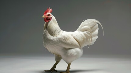White chicken standing gracefully on a neutral background showcasing its features and plumage in a calm indoor setting