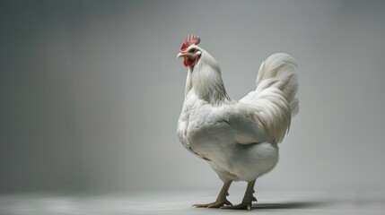 White rooster standing proud with elegant plumage on neutral background during indoor setting in bright lighting showcasing its natural beauty