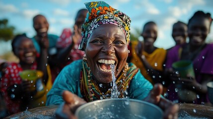 A vibrant woman is joyously splashing water in a lively gathering, capturing the essence of community and happiness under a bright blue sky.