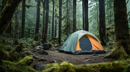 Camping in a lush forest surrounded by towering trees and vibrant greenery during a misty morning