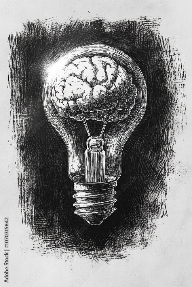 Poster a minimalist drawing featuring a question mark integrated into the bulb's filament, with subtle hatc