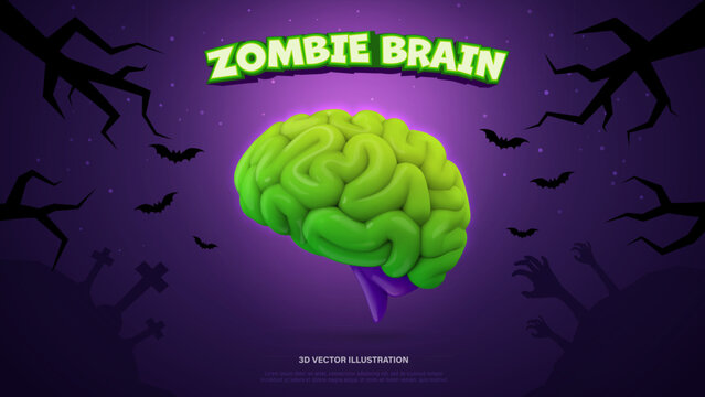 Glossy green 3D brain in a haunted cemetery, surrounded by eerie shadows and tombstones, Halloween or horror celebrate theme. Cute kids atmospheric vector illustration.