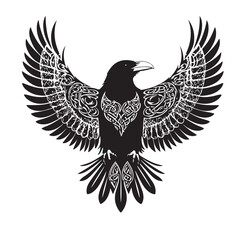 A black and white illustration of a raven with intricate Celtic knotwork patterns.