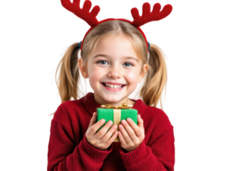 Portrait of a happy young girl with reindeer antlers and gift, isolated on transparent background