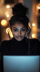 Woman using laptop with festive bokeh lights in the background during evening hours at home