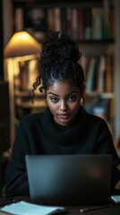 Obraz premium Young woman working on a laptop in a cozy library setting with warm lighting during the evening hours