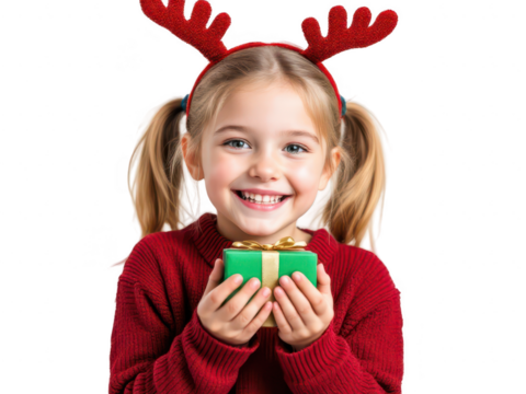 Portrait of a happy young girl with reindeer antlers and gift, isolated on transparent background