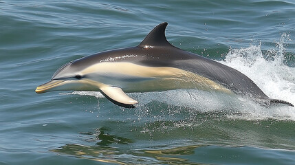 Fototapeta premium Dolphin Gracefully Leaps Above Ocean Waves Near Coastal Waters Under Bright Sunlight