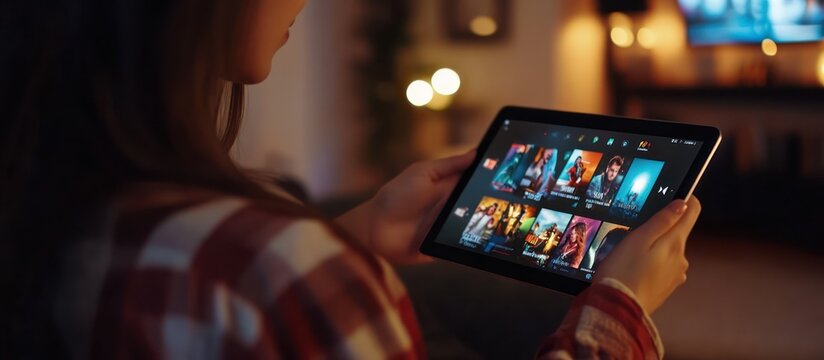 Woman Browsing Streaming Service on Tablet