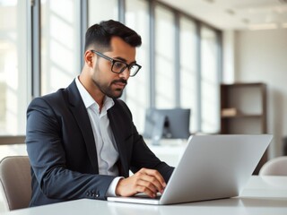 Fototapeta premium A young professional in business attire diligently works on his laptop in a modern bright coworking office space filled with natural light, business attire, natural light
