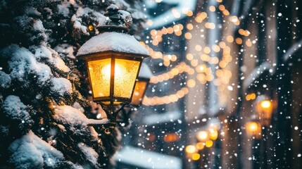 A glowing street lamp covered in snow with blurry Christmas lights in the background during a snowfall.