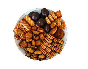 A colorful assortment of various cookies and biscuits arranged neatly on a round plate, perfect for sharing during afternoon tea