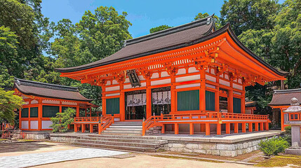 Fototapeta premium Traditional Japanese Temple With Vibrant Orange Architecture Surrounded by Lush Greenery During a Sunny Day