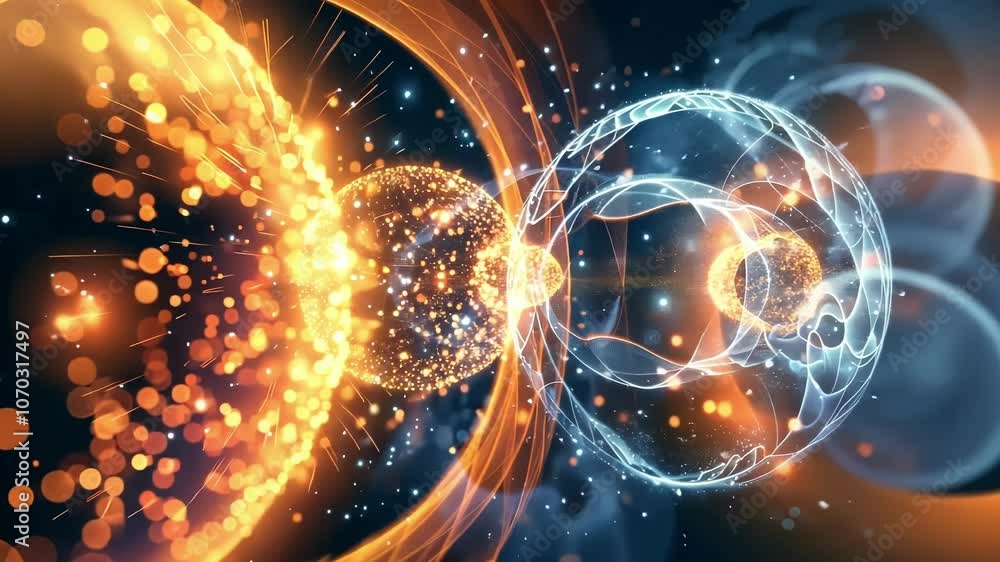 Poster an illustration of a particle decaying into its antiparticle and then recombining into the original 