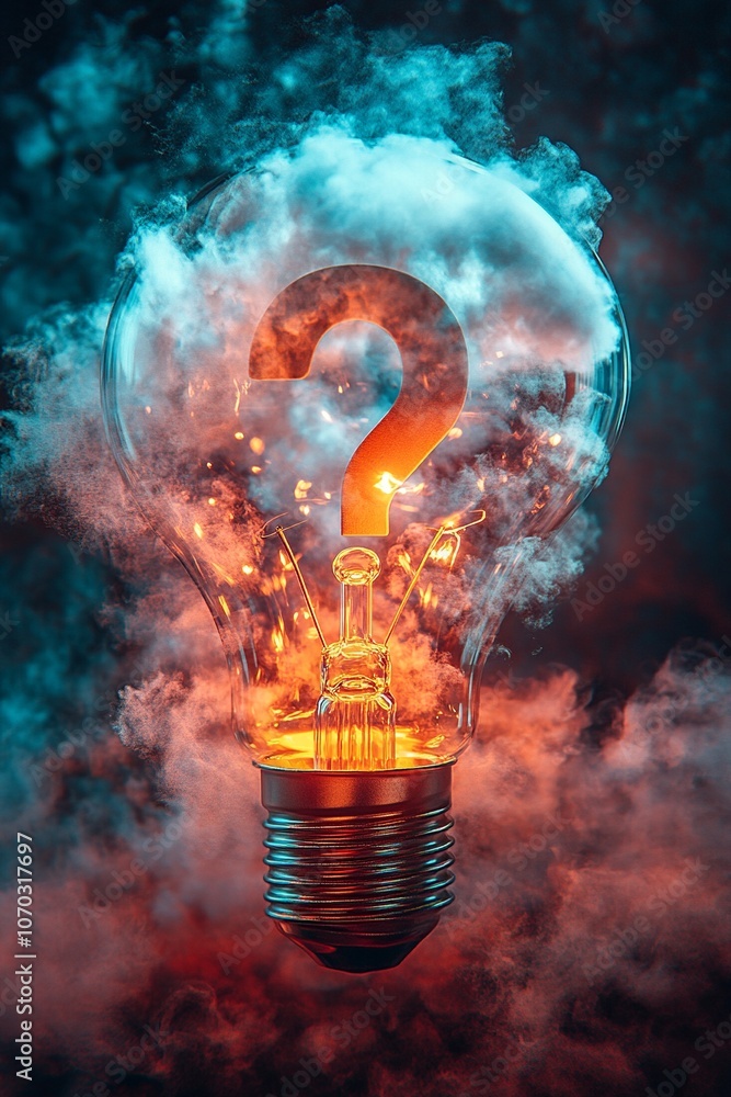 Poster a minimalist drawing featuring a question mark integrated into the bulb's filament, with subtle hatc
