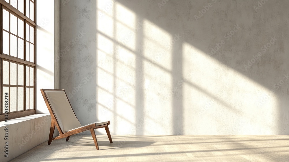 Poster a single chair sits in the corner of a room with natural light streaming in from a large window.
