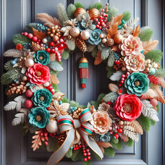 festive christmas wreath on front door close up