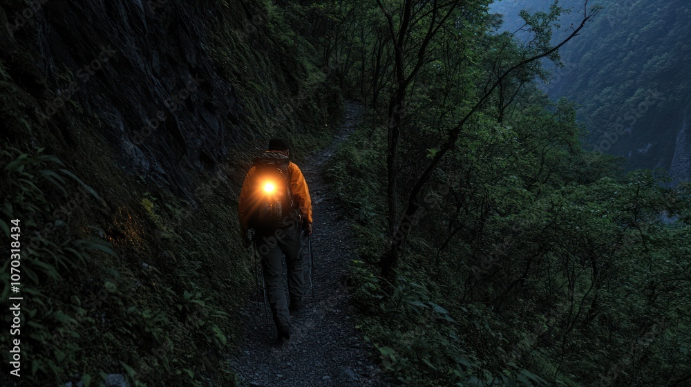 Poster a lone hiker walks through a dark forest with a headlamp illuminating the path ahead.