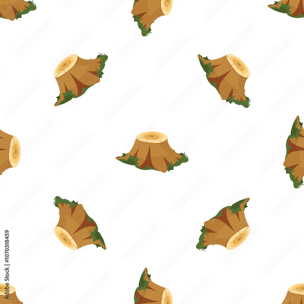 Poster seamless pattern of tree stumps with visible tree rings and surrounded by green grass, creating a re