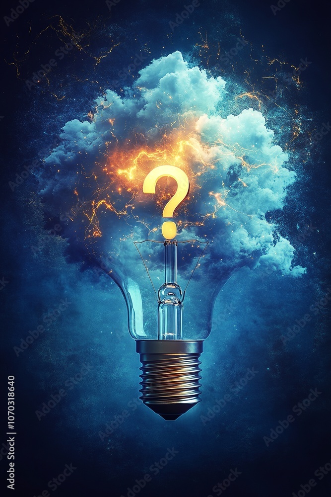 Poster a minimalist drawing featuring a question mark integrated into the bulb's filament, with subtle hatc