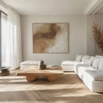a modern, minimalist living room with a white sofa, a wooden coffee table, an abstract painting, and lots of natural light.